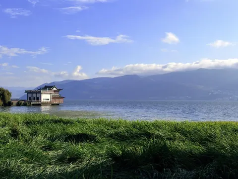 The Erhai shore at Caicun with green reeds and distant mountains