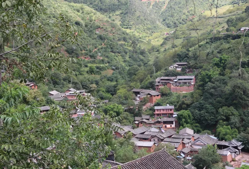 Nuodeng's houses climbing a green mountain valley